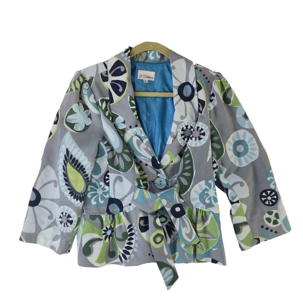 3 Sisters Blazer Women's Size Large‎ Blue Green Paisley Floral Peplum Jacket